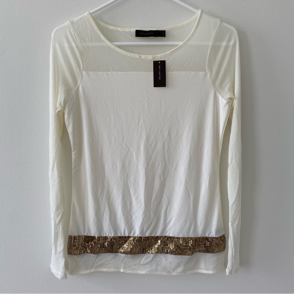 The Limited Women’s Mesh Sleeve Sequin Nearer Bottom Hem Front Cream Color - nwt